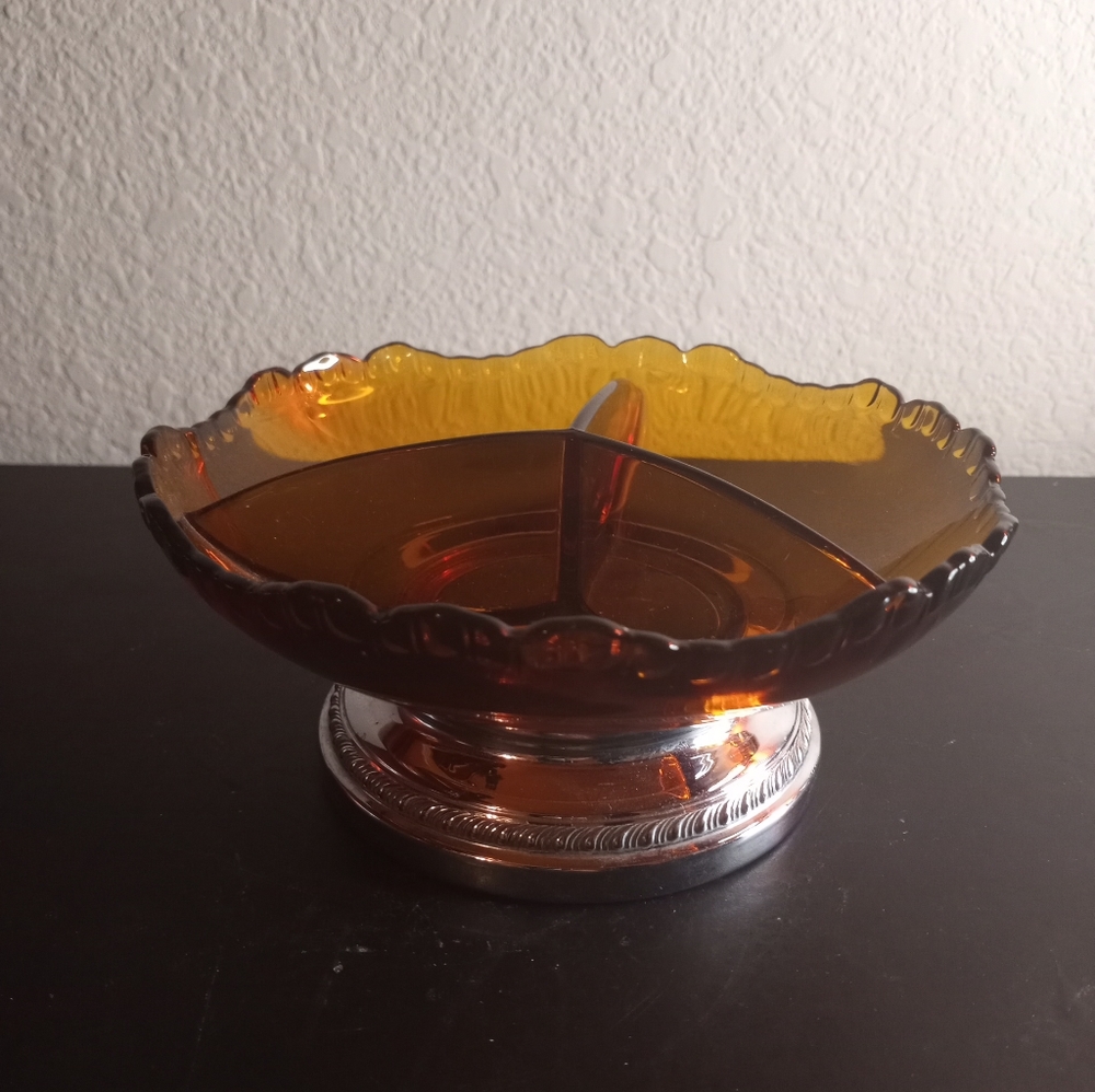 STUNNING Farber Bros 1930 Krome Kraft Amber 7" Divided Pedestal Bowl.